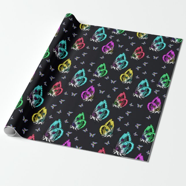 Colourful Butterflies Aesthetic Black Background Wrapping Paper (Unrolled)