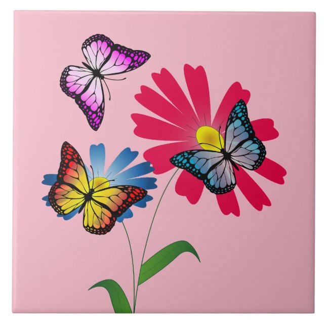 Colourful butterflies and flowers ceramic tile (Front)