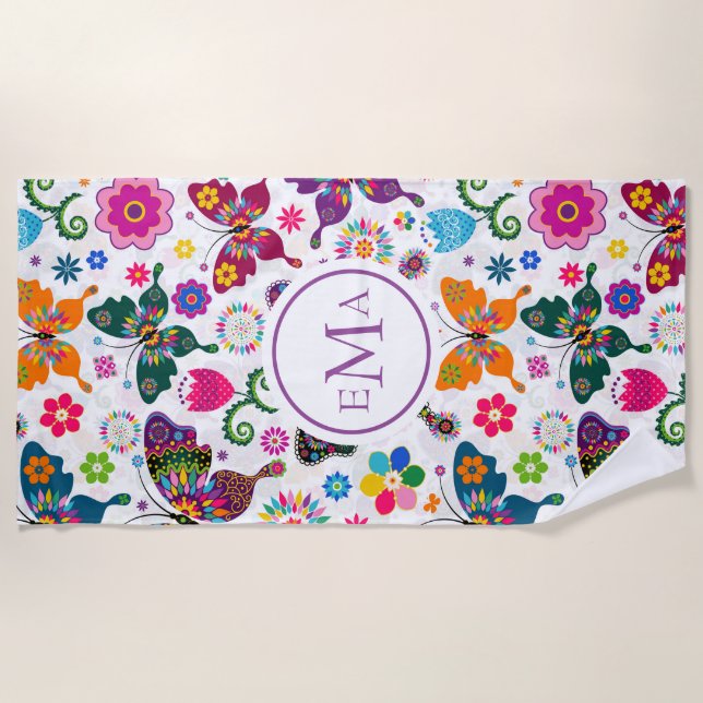 Colourful butterflies and flowers pattern beach towel (Front)