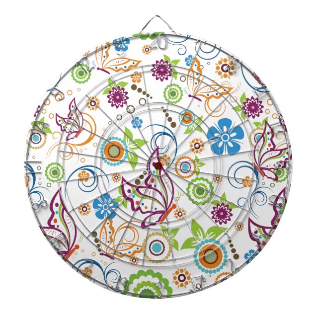 Colourful Butterflies And Flowers Pattern Dartboard (Front)