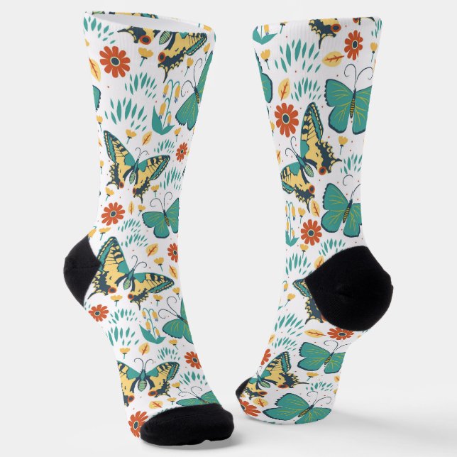 Colourful butterflies and flowers pattern socks (Angled)