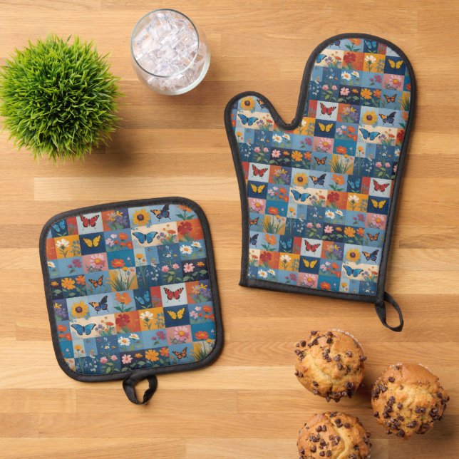 Colourful Butterflies And Wildflowers Patchwork Oven Mitt & Pot Holder Set (Top Down)