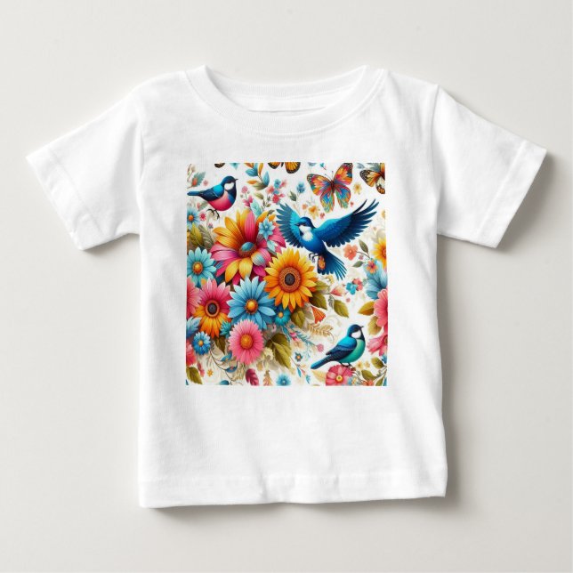 Colourful Butterflies Birds Flowers Template White Baby T-Shirt (Front)