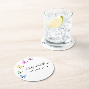 Colourful Butterflies Birthday Round Paper Coaster
