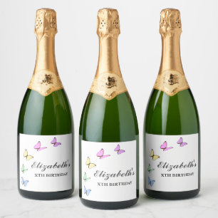 Colourful Butterflies Birthday Sparkling Wine Label