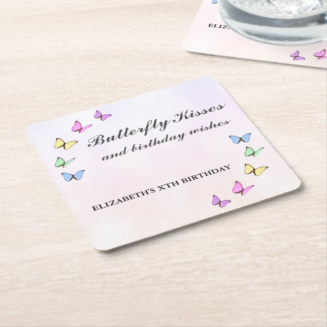 Colourful Butterflies Birthday Square Paper Coaster (Angled)