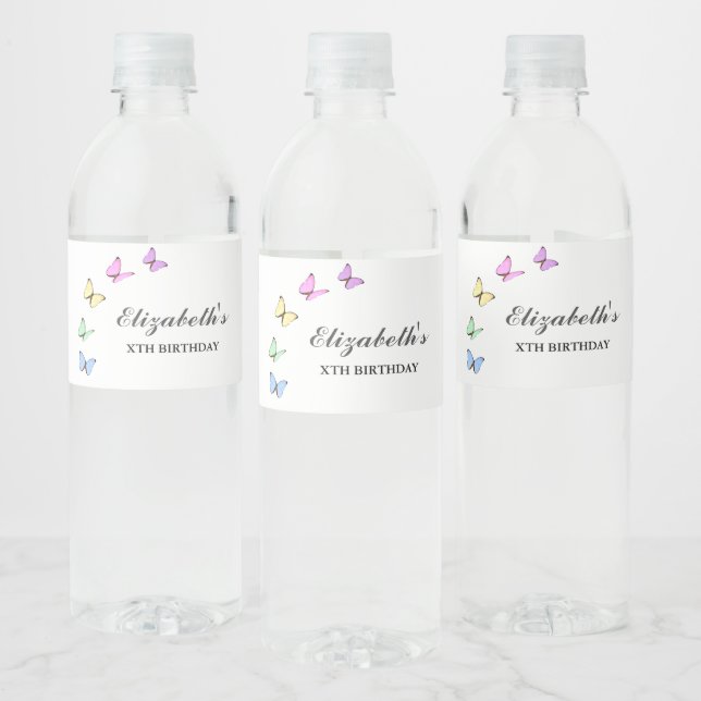 Colourful Butterflies Birthday Water Bottle Label (Bottles)
