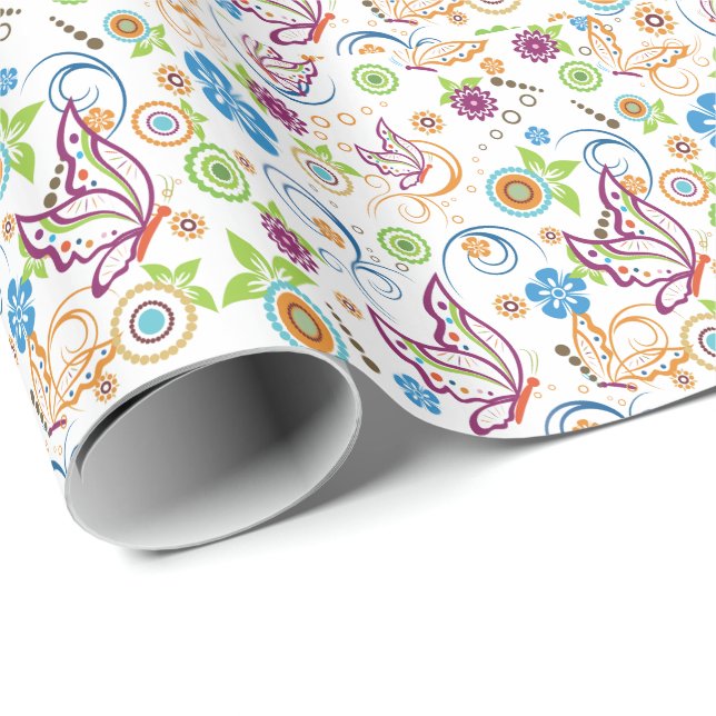 Colourful Butterflies & Flowers Pattern Monogramed Wrapping Paper (Roll Corner)