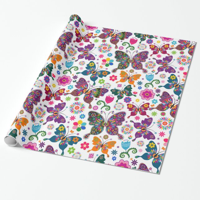 Colourful Butterflies & Flowers Pattern Wrapping Paper (Unrolled)