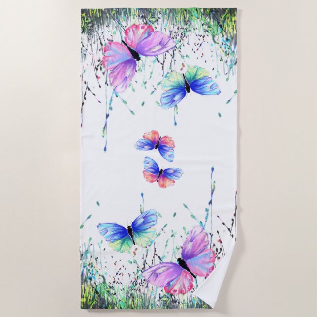 Colourful Butterflies Flying in Nature Beach Towel (Front)