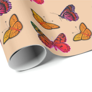 colourful  butterflies in peach wrapping paper