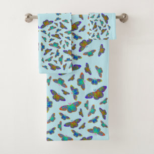 Colourful butterflies on baby blue - customisable  bath towel set