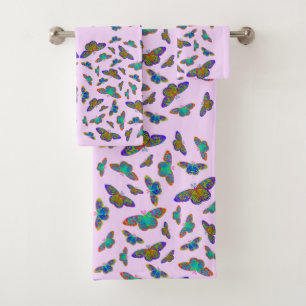 Colourful butterflies on baby Pink - customisable Bath Towel Set