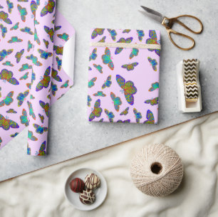Colourful butterflies on baby Pink - customisable  Wrapping Paper