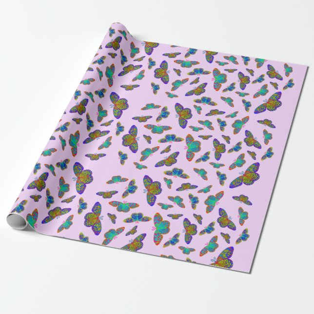 Colourful butterflies on baby Pink - customisable  Wrapping Paper (Unrolled)