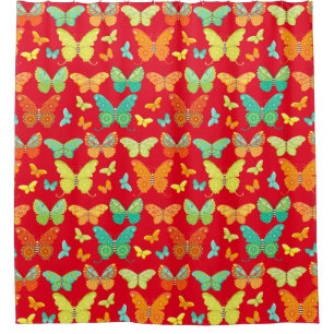 Colourful Butterflies on Red Shower Curtain