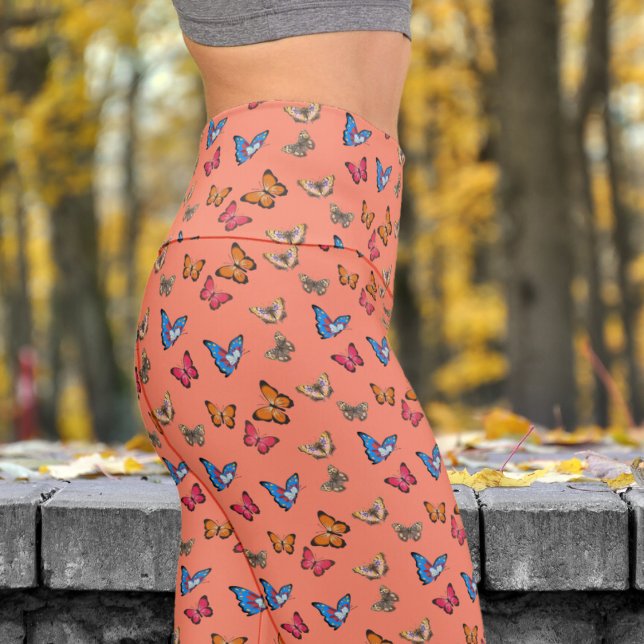 Colourful Butterflies on Salmon Pattern Yoga Capri Leggings (Colorful Butterflies on Salmon)