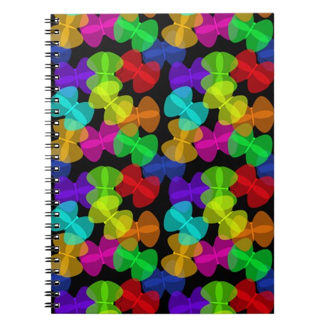 Colourful butterflies pattern on black background notebook (Front)