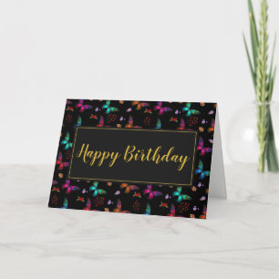 Colourful Butterflies Pattern on Black Birthday Card