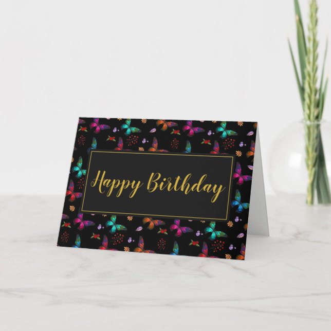 Colourful Butterflies Pattern on Black Birthday Card (Front)