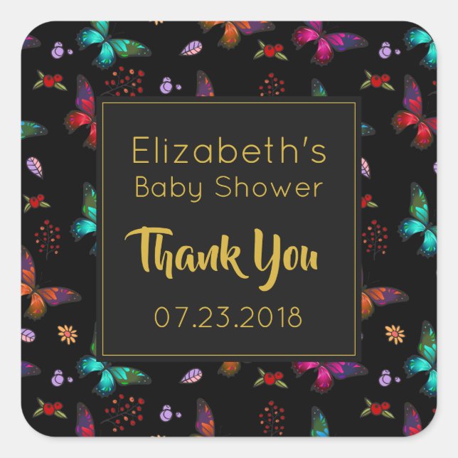 Colourful Butterflies Pattern on Black Event Thank Square Sticker (Front)