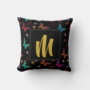 Colourful Butterflies Pattern on Black Monogram Cushion