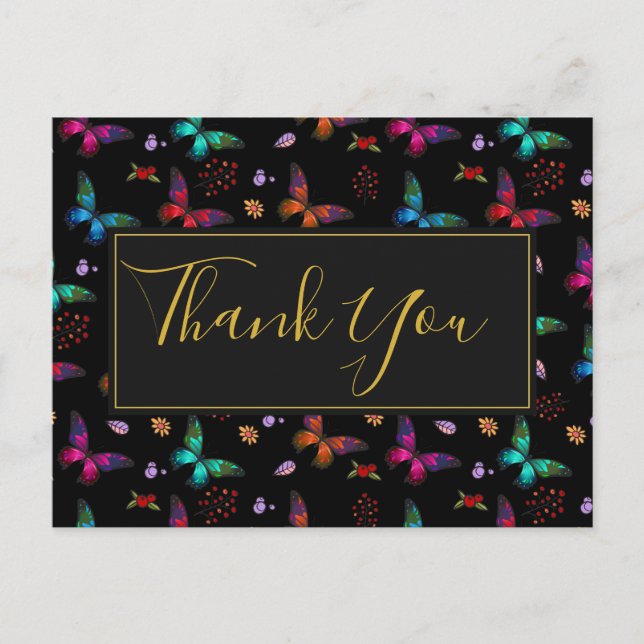 Colourful Butterflies Pattern on Black Party Thank Postcard (Front)