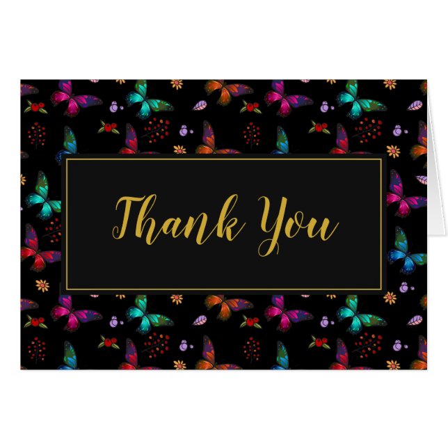 Colourful Butterflies Pattern on Black Thank You (Front Horizontal)