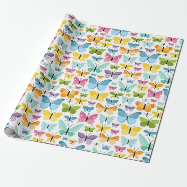 Colourful Butterflies Pattern Wrapping Paper (Unrolled)
