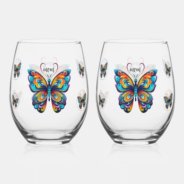 Colourful Butterflies | Personalised  Stemless Wine Glass (Front)