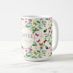 Colourful Butterflies Pink Flowers Cream Botanical Coffee Mug