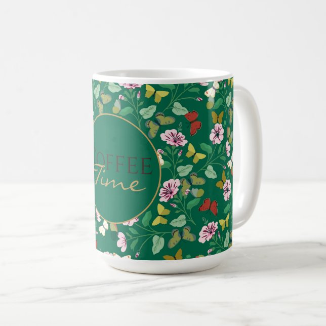 Colourful Butterflies Pink Flowers Green Botanical Coffee Mug (Front Right)