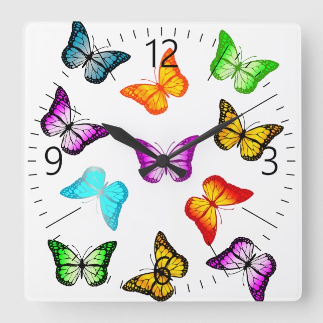 Colourful butterflies square wall clock (Front)