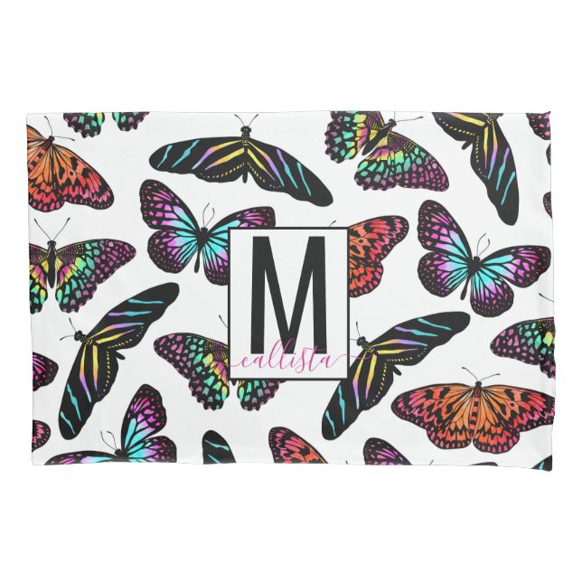 Colourful Butterflies Watercolor Pattern Monogram Pillowcase (Front)