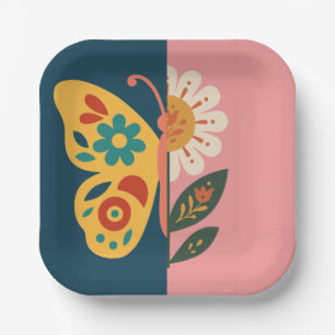 Colourful butterfly and flower Design Paper Plate