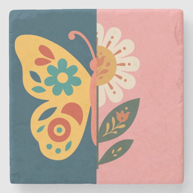 Colourful butterfly and flower Design Stone Coaster (Front)