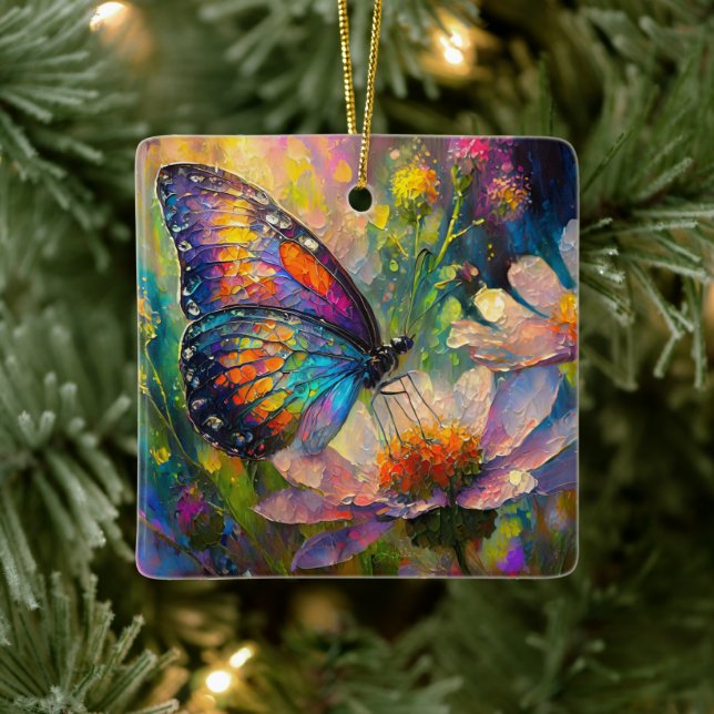 Colourful Butterfly and Wildflowers at Sunrise Ceramic Ornament (Tree)