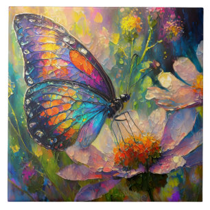 Colourful Butterfly and Wildflowers at Sunrise Ceramic Tile