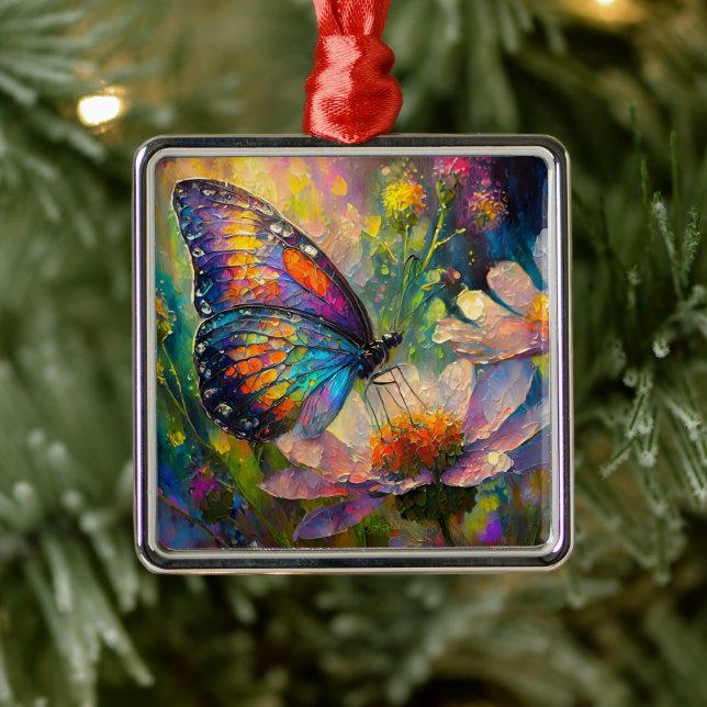 Colourful Butterfly and Wildflowers at Sunrise Metal Ornament (Tree)
