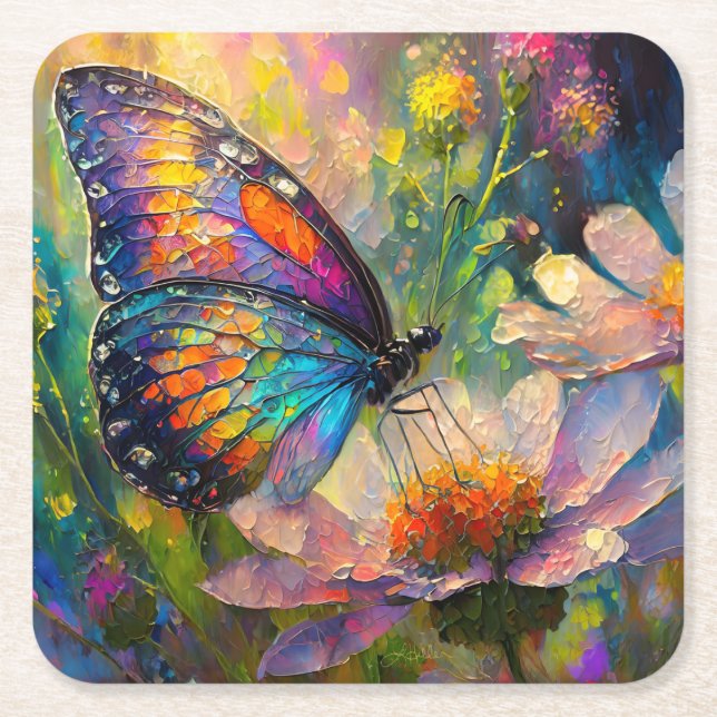 Colourful Butterfly and Wildflowers at Sunrise Square Paper Coaster (Front)