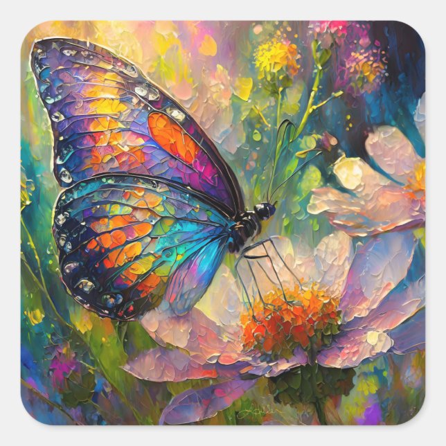 Colourful Butterfly and Wildflowers at Sunrise Square Sticker (Front)