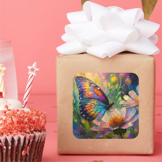 Colourful Butterfly and Wildflowers at Sunrise Square Sticker (Party)