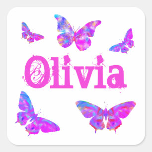 Colourful Butterfly Art Pink Add Name Olivia Square Sticker
