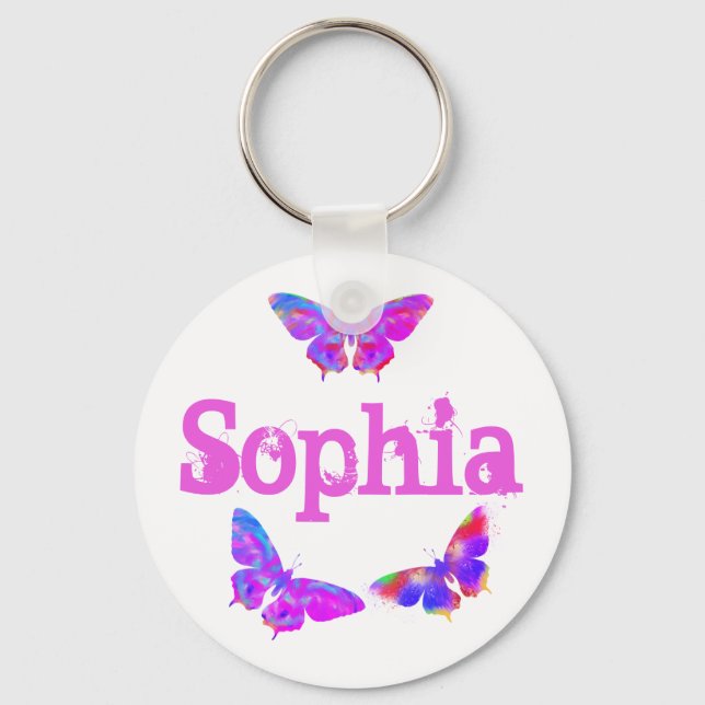 Colourful Butterfly Art Pink Sophia Add Name Key Ring (Front)