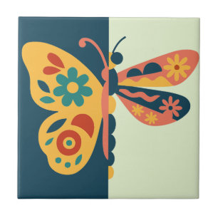 Colourful butterfly decoration with floral element ceramic tile