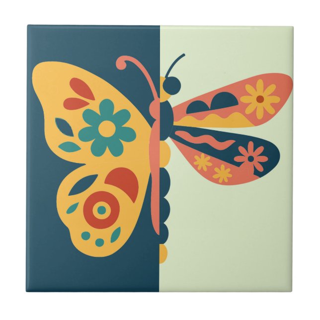 Colourful butterfly decoration with floral element ceramic tile (Front)