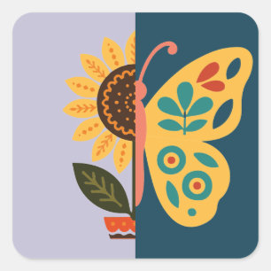 Colourful butterfly decoration with floral element square sticker