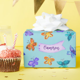 Colourful Butterfly Doodle Art Cute Sky Blue Wrapping Paper