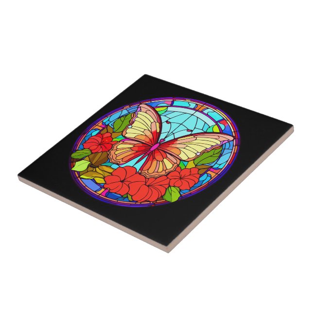 Colourful Butterfly Floral  Ceramic Tile (Side)