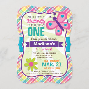 Colourful Butterfly & Flower, Plaid Birthday Party Invitation